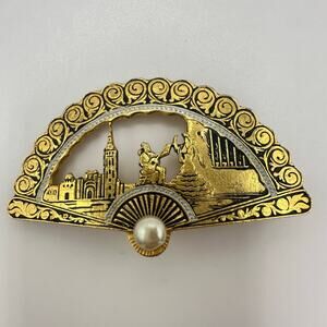 Spanish Toledoware Damascene gold tone black openwork fan faux pearl brooch pin